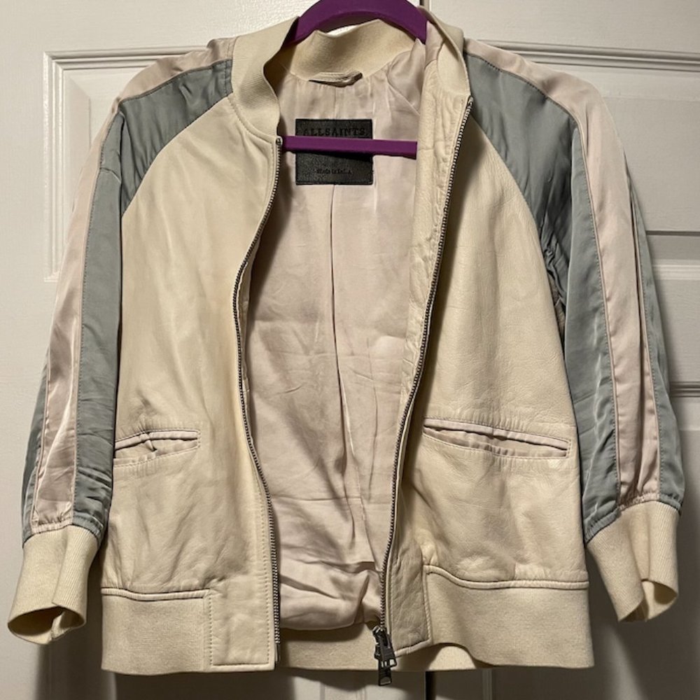 All Saints Leather & Silk, White & Light Blue, 3/4 Sleeves Track Jacket - Size M